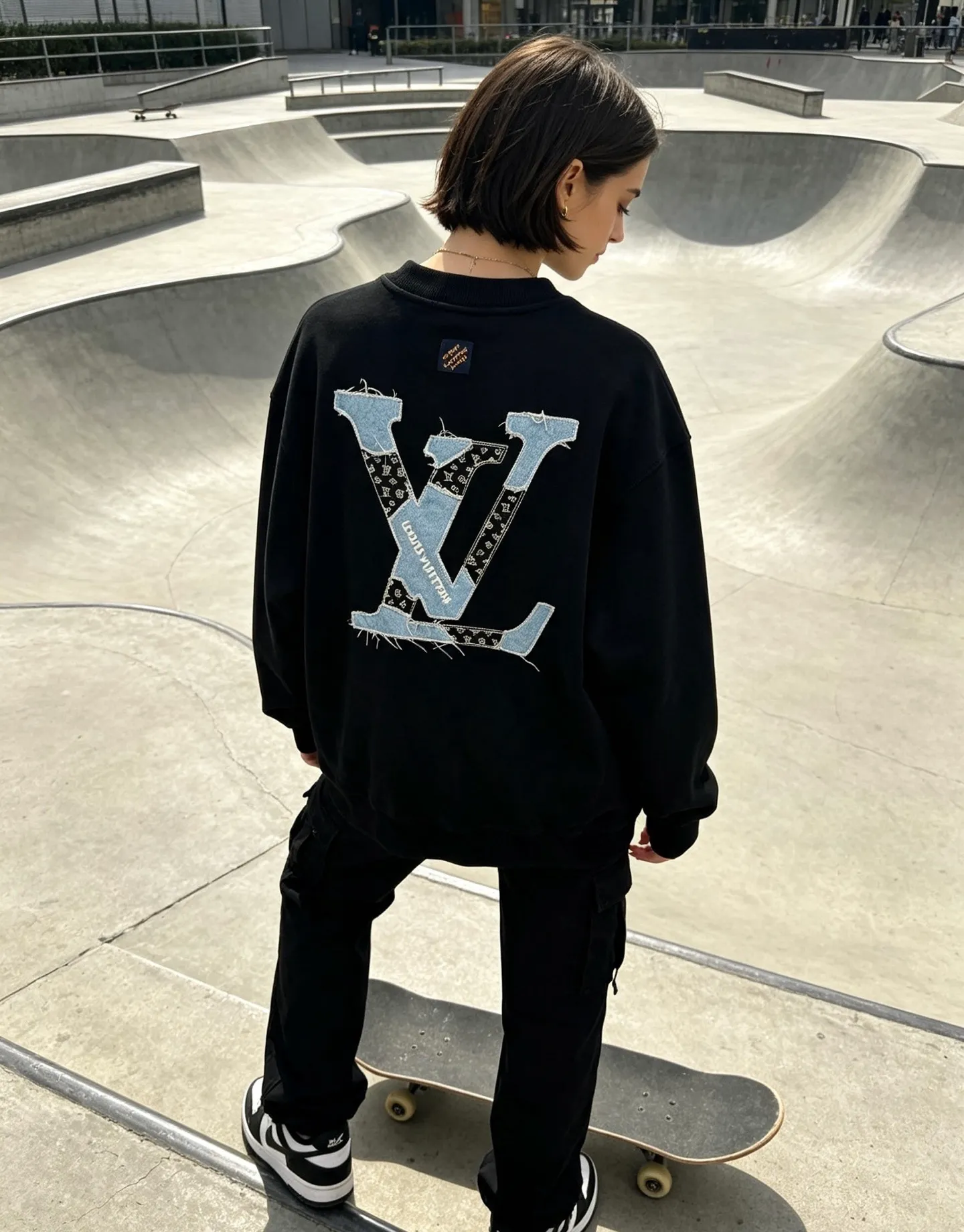 Louis Vuitton/Louis Vuitton denim patch letter embroidered crew neck sweatshirt
